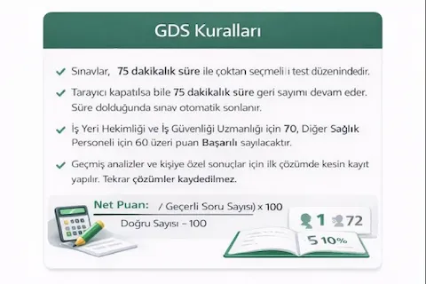 GDS sınav kuralları ve süre yönetimi ekranı